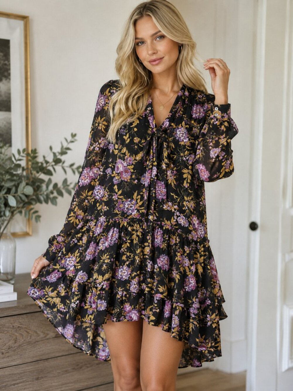 AQUA Floral Print Tiered Mini Dress